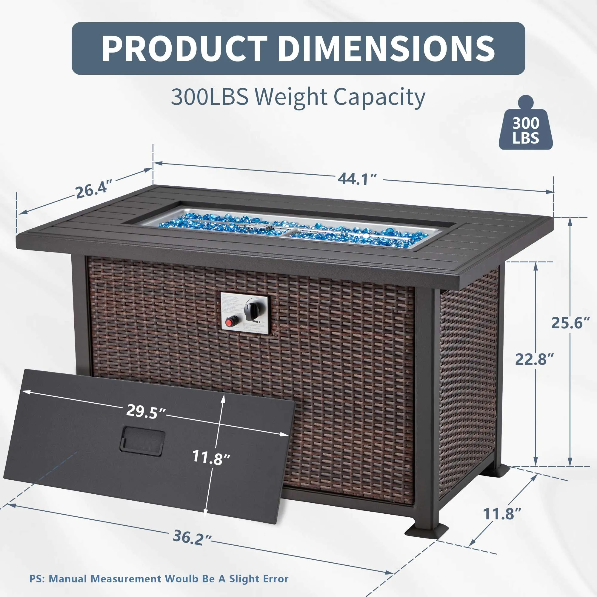 44 in Fire Pit Table 50,000 BTU Propane Fire Pit with Hidden Side Hooks, Dark Brown