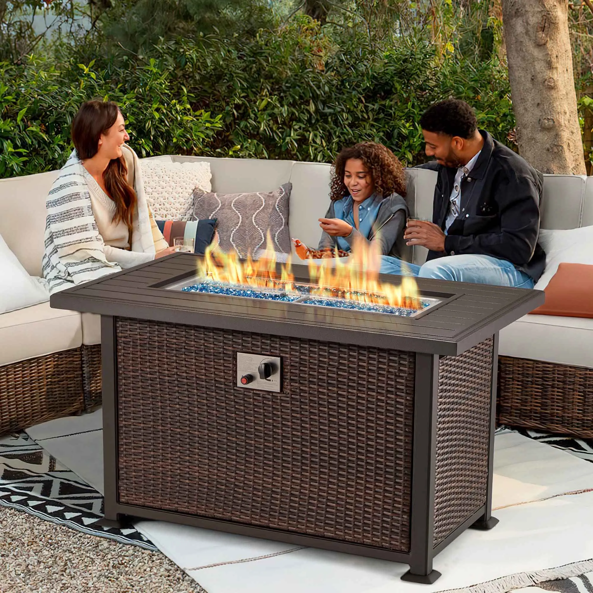 44 in Fire Pit Table 50,000 BTU Propane Fire Pit with Hidden Side Hooks, Dark Brown