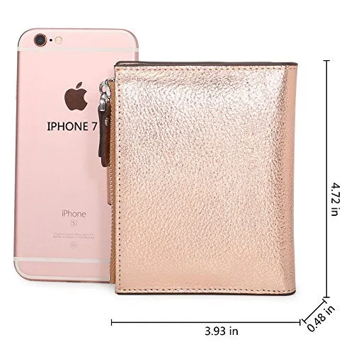 AINIMOER Women's RFID Blocking Leather Small Compact Bi-fold Zipper Pocket Wallet Card Case Purse(Lichee Champaign Gold)