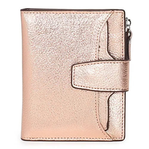 AINIMOER Women's RFID Blocking Leather Small Compact Bi-fold Zipper Pocket Wallet Card Case Purse(Lichee Champaign Gold)