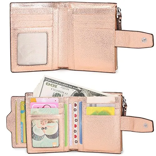 AINIMOER Women's RFID Blocking Leather Small Compact Bi-fold Zipper Pocket Wallet Card Case Purse(Lichee Champaign Gold)