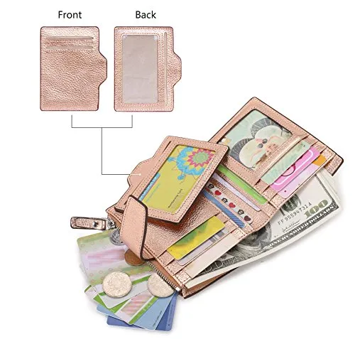 AINIMOER Women's RFID Blocking Leather Small Compact Bi-fold Zipper Pocket Wallet Card Case Purse(Lichee Champaign Gold)
