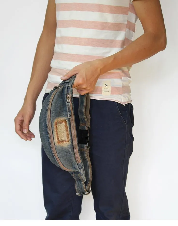 Blue Denim Mens Casual Waist Bag Fanny Pack Blue Jean Hip Bag Bum Bag For Men