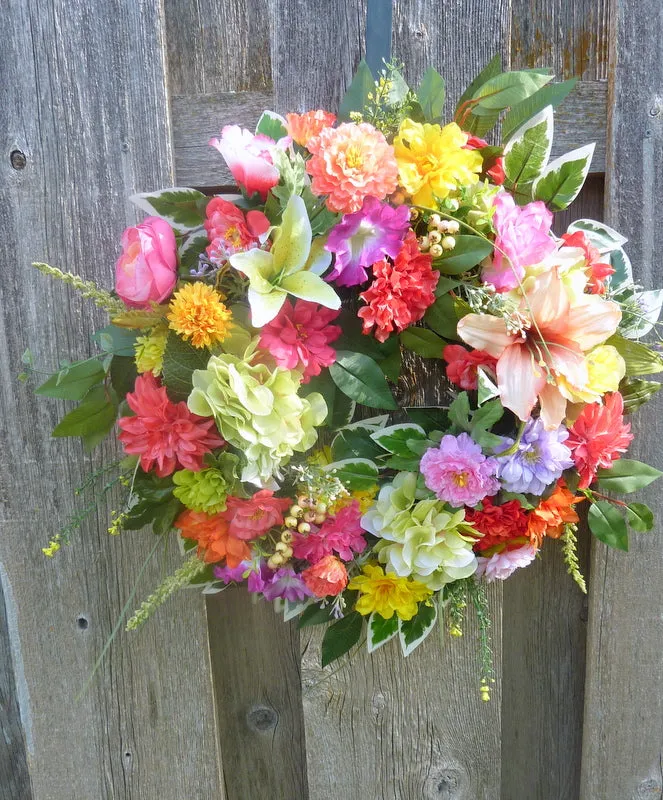 Bright floral wreath for your front door, Summer wreath, spring wreath