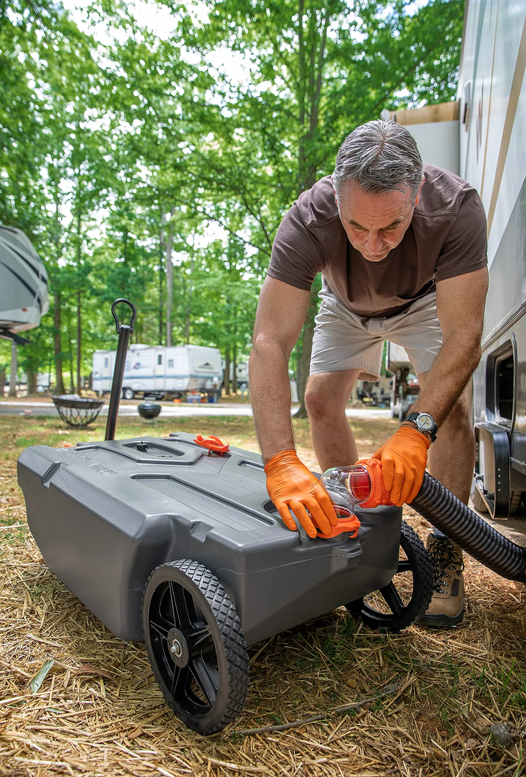 Camco Rhino RV Heavy Duty 28 Gallon Portable Waste Holding Tank with Steerable Wheels | Complete Kit with Hoses and Accessories (39005), Gray