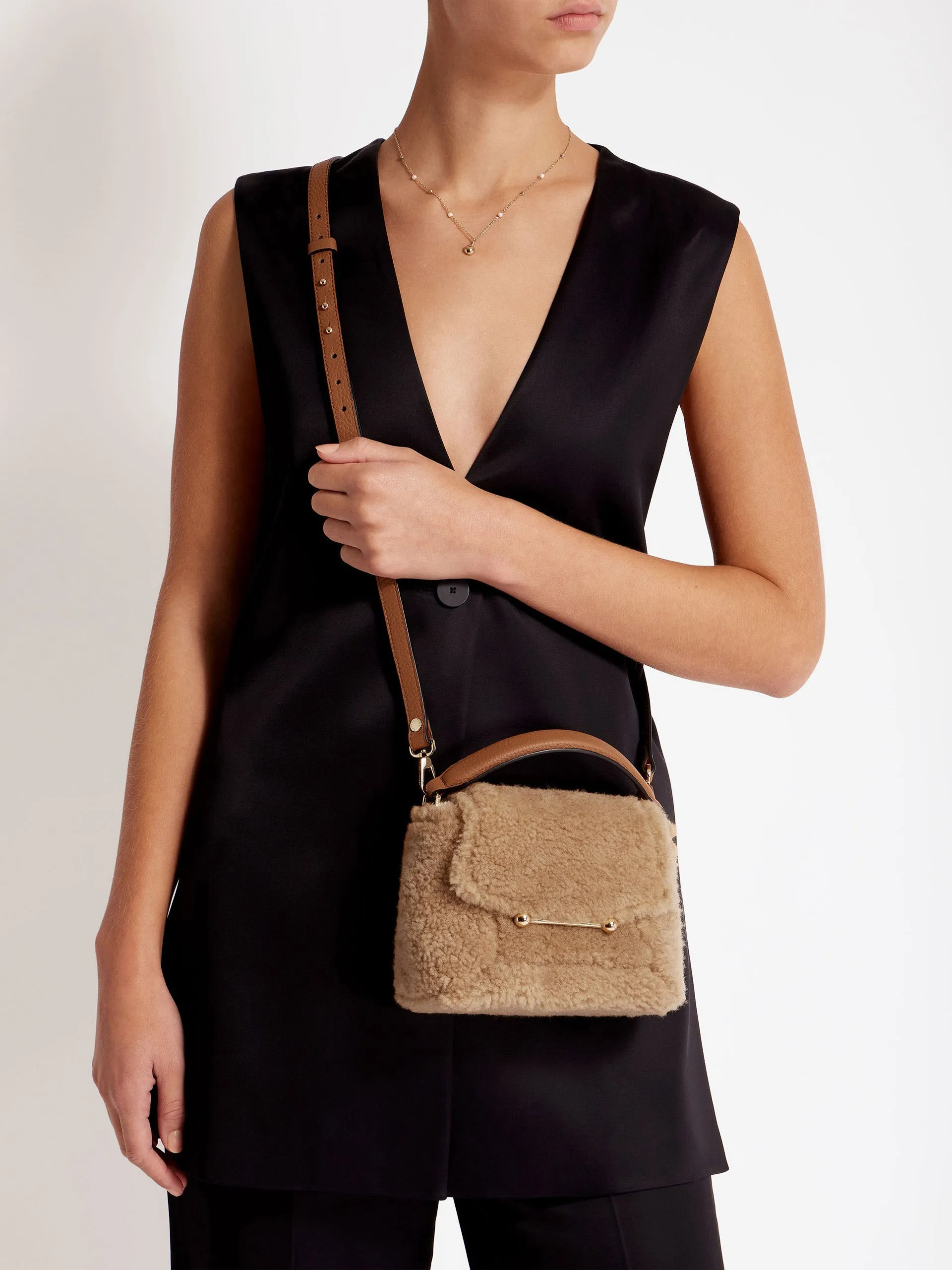Caramel shearling mosaic nano bag