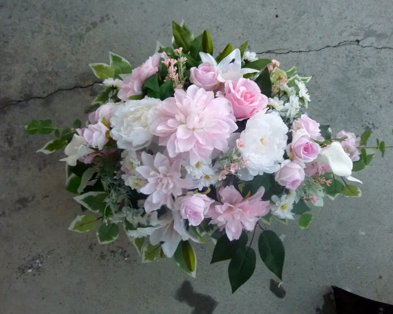 Cemetery flowers, Grave site spray, Mothers Day memorial flowers, silk flower saddle for grave