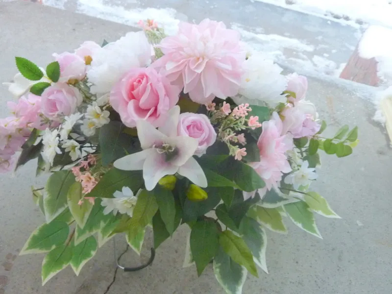 Cemetery flowers, Grave site spray, Mothers Day memorial flowers, silk flower saddle for grave