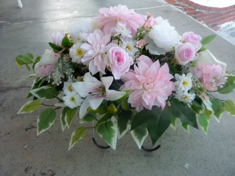Cemetery flowers, Grave site spray, Mothers Day memorial flowers, silk flower saddle for grave