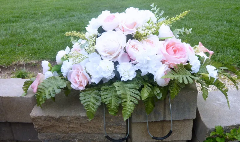 Cemetery flowers in Pink and White, Peony and Rose Grave site spray