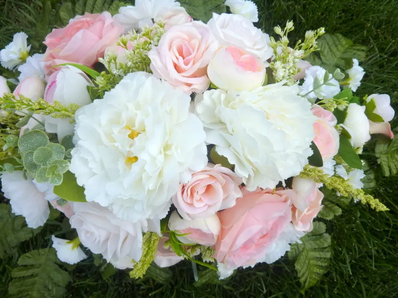 Cemetery flowers in Pink and White, Peony and Rose Grave site spray