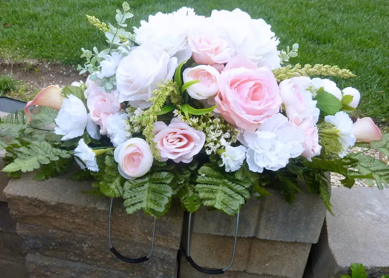 Cemetery flowers in Pink and White, Peony and Rose Grave site spray