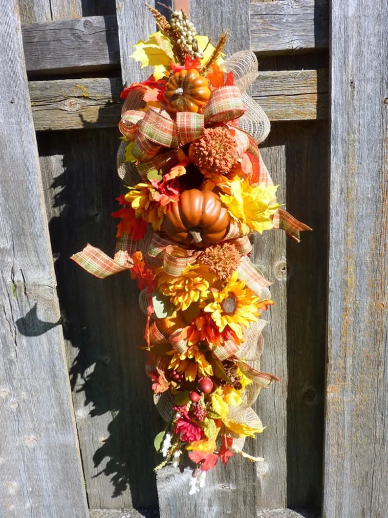 Fall Door Swag, Extra long Sunflower and Pumpkin door swag