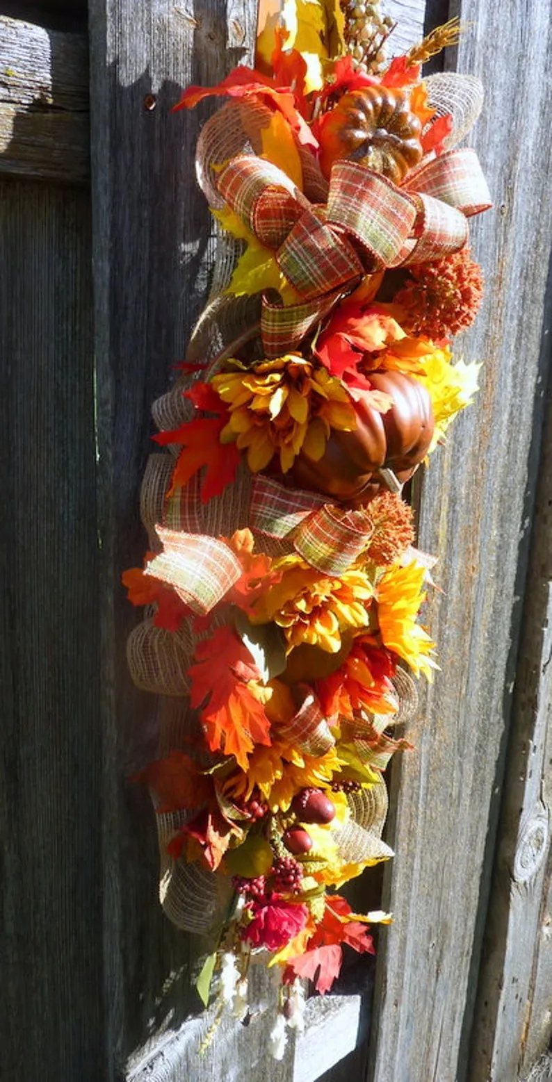 Fall Door Swag, Extra long Sunflower and Pumpkin door swag