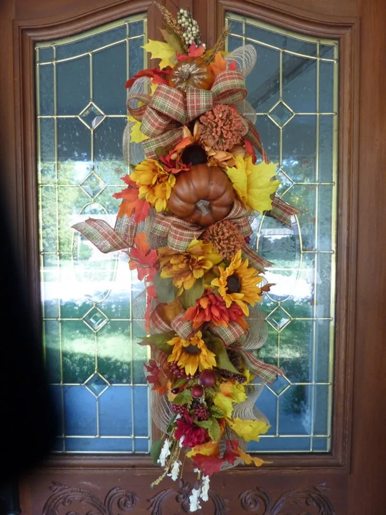 Fall Door Swag, Extra long Sunflower and Pumpkin door swag