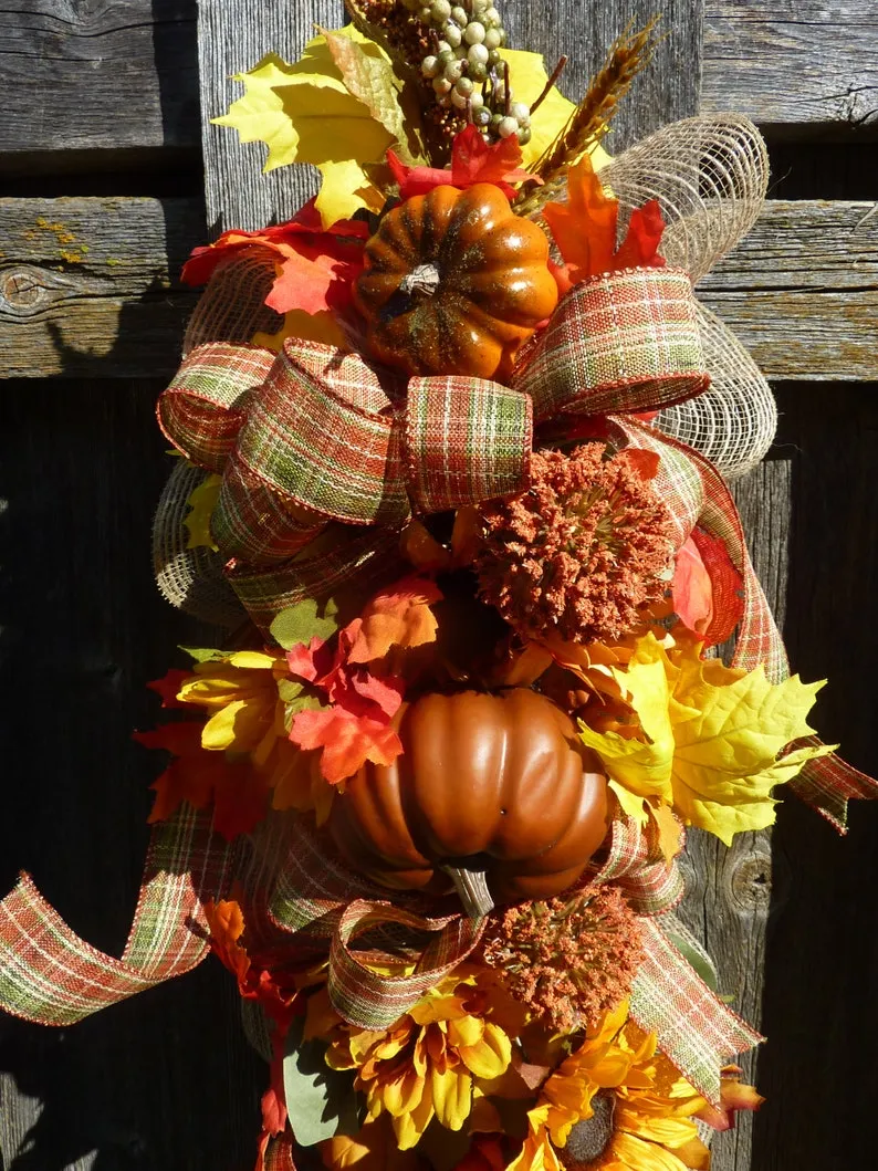 Fall Door Swag, Extra long Sunflower and Pumpkin door swag