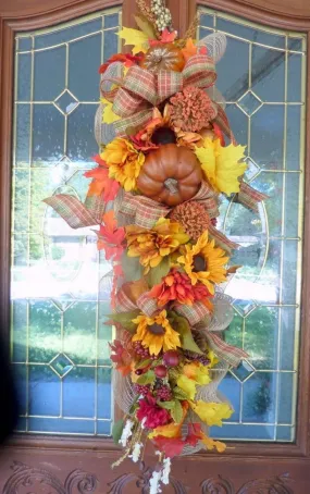 Fall Door Swag, Extra long Sunflower and Pumpkin door swag