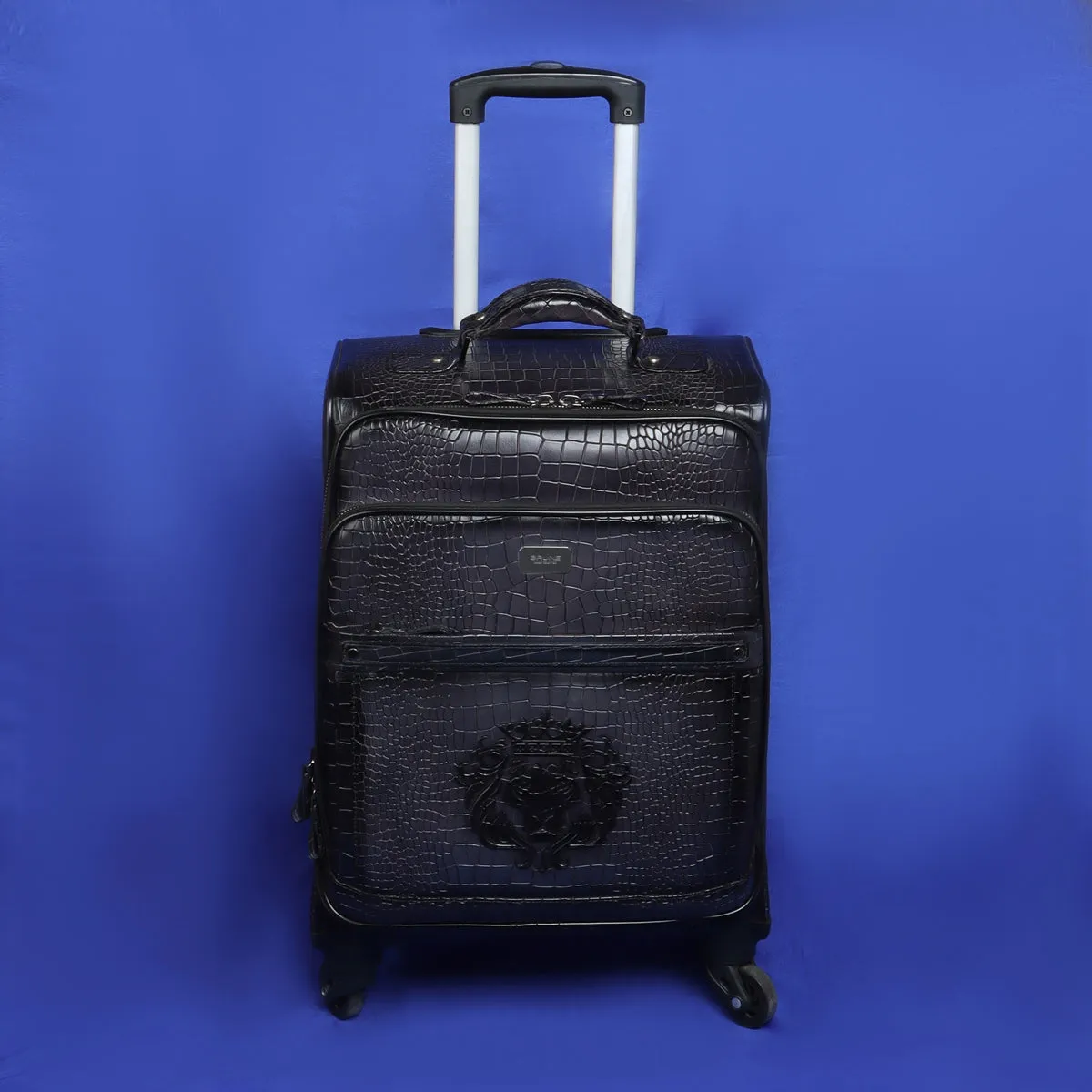 Full Deep Cut Croco Grey Textured Leather Quad Wheel Cabin Strolley Travel Bag