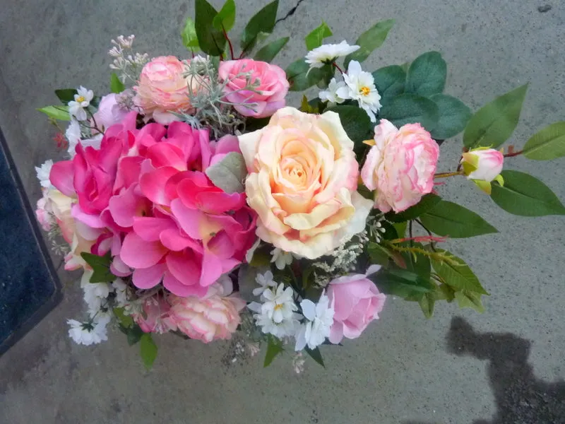 Grave Marker, Cemetery flowers in Pink and white, Grave site spray
