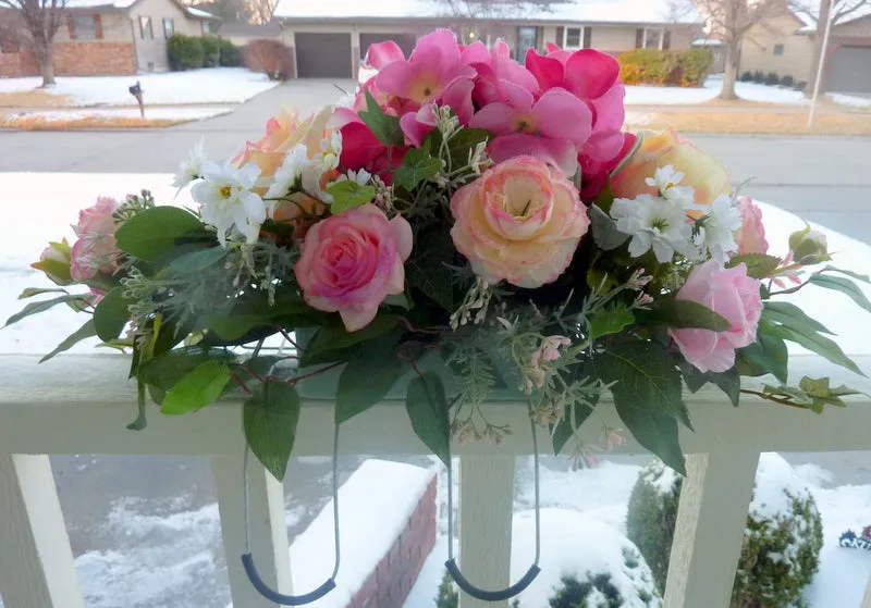 Grave Marker, Cemetery flowers in Pink and white, Grave site spray