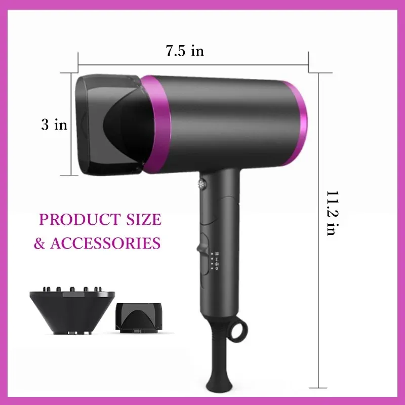 Hair Dryer with Diffuser -Foldable Ionic Hairdryer, 1800W, 19000rpm