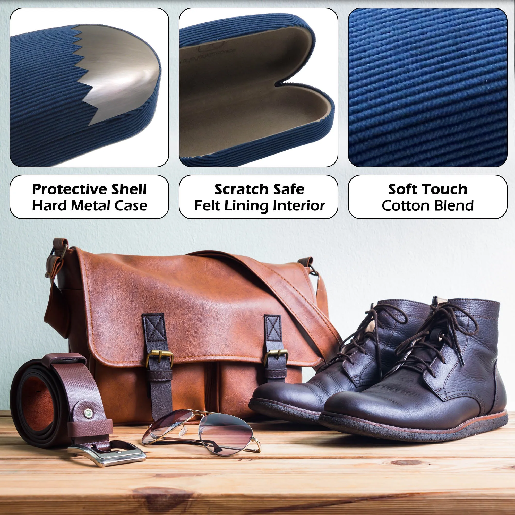 Hard Sunglasses Case - Glasses Case holder Medium to Large Frames W/ Pouch & Cloth (AS87 Corduroy Blue)