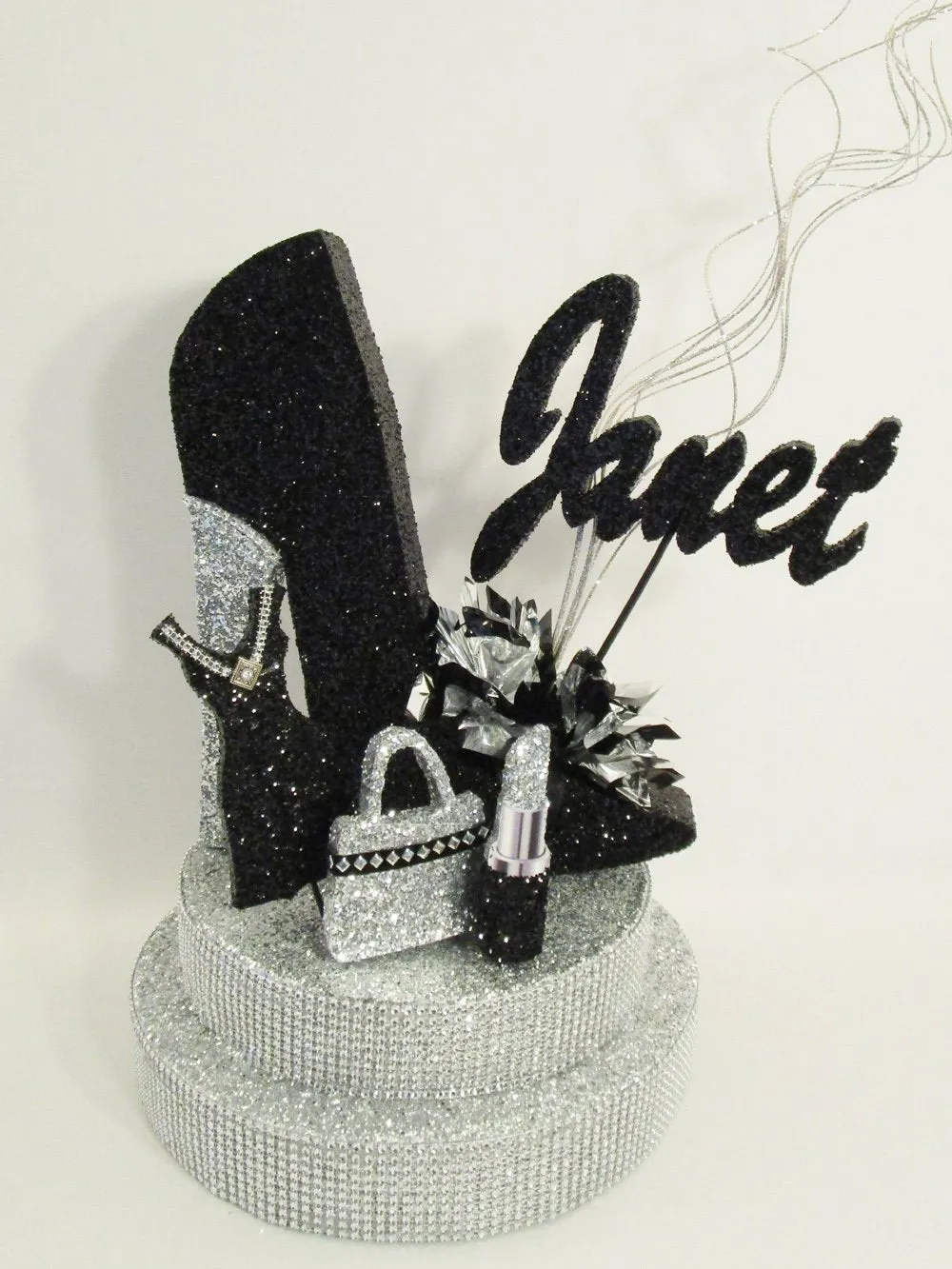 High Heel Shoe with Rhinestone Base, Lipstick, Dress and Purse Cutout