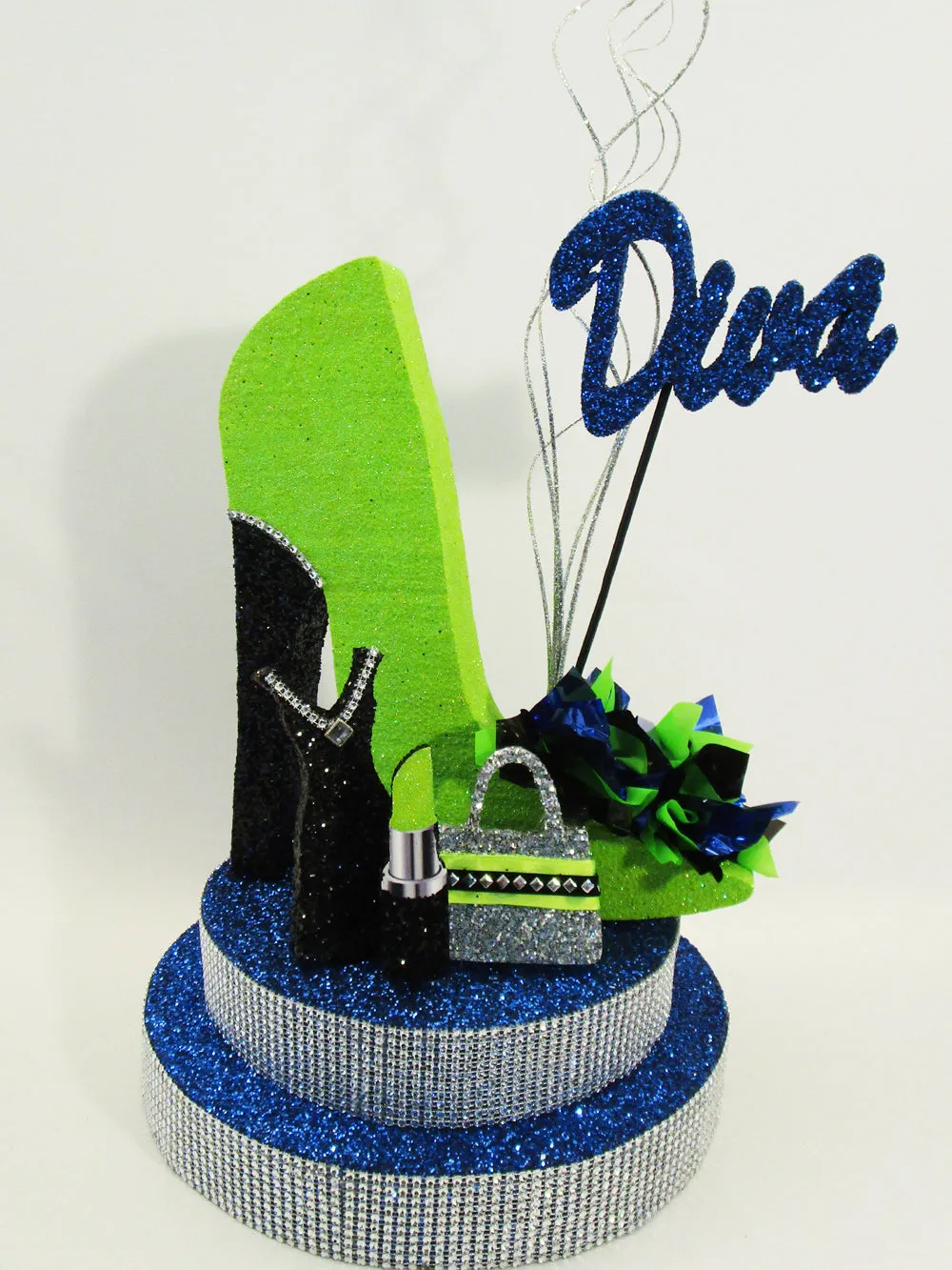 High Heel Shoe with Rhinestone Base, Lipstick, Dress and Purse Cutout