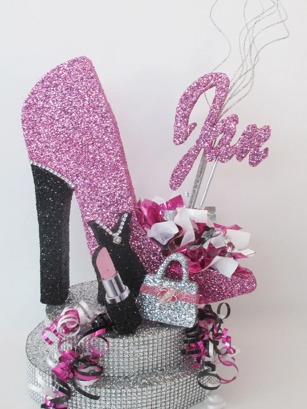 High Heel Shoe with Rhinestone Base, Lipstick, Dress and Purse Cutout
