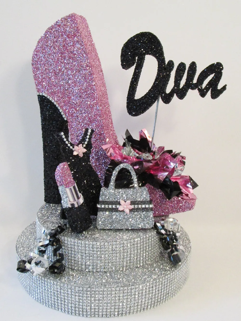 High Heel Shoe with Rhinestone Base, Lipstick, Dress and Purse Cutout