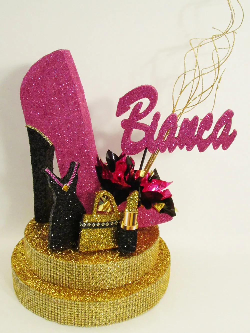 High Heel Shoe with Rhinestone Base, Lipstick, Dress and Purse Cutout