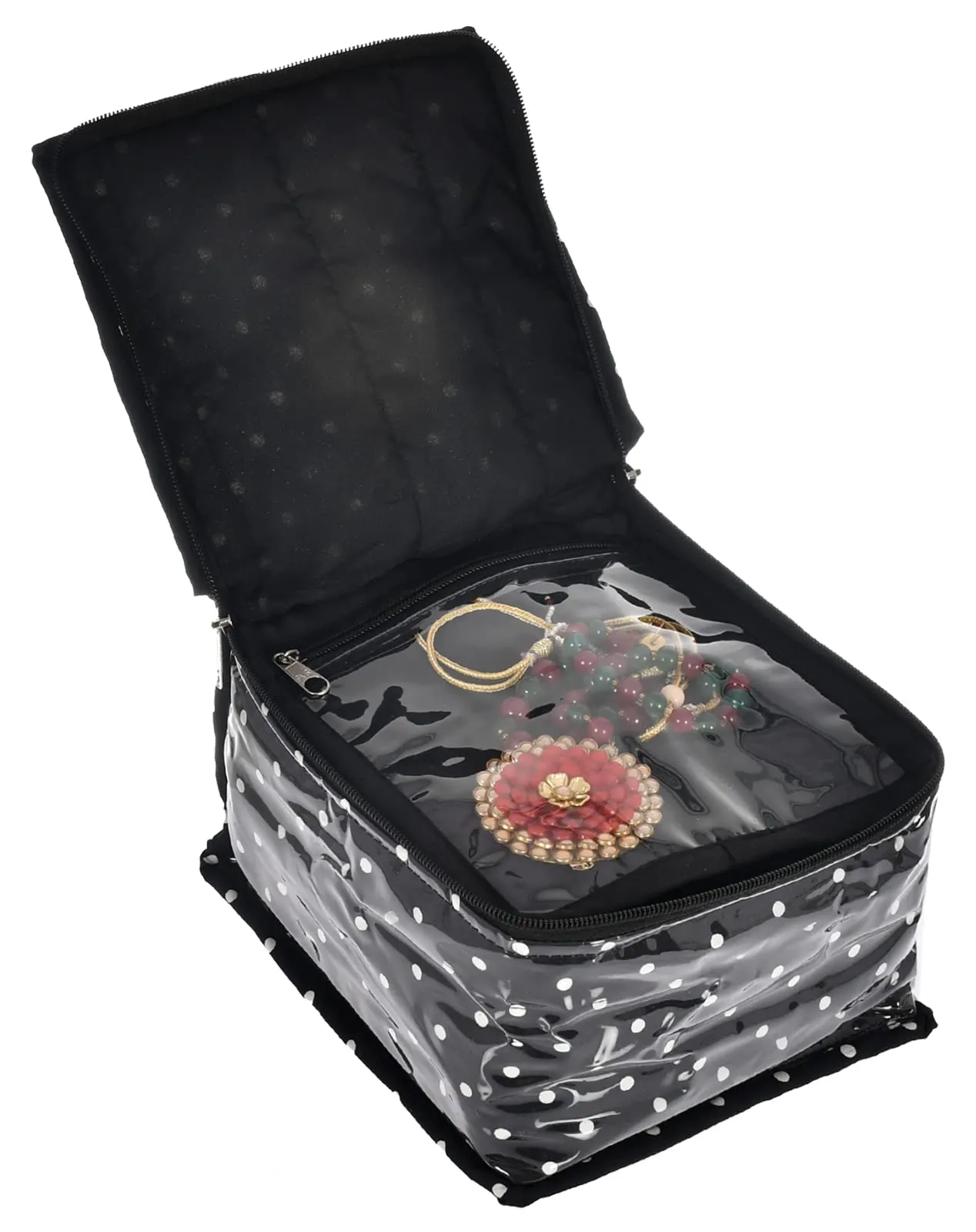 Kuber Industries Dot Printed Laminated PVC Jewellery Organiser/Storage Bag for Necklace: Earrings: Rings: Bracelet With 10 Transparent Pouches- Pack of 2 (Black)