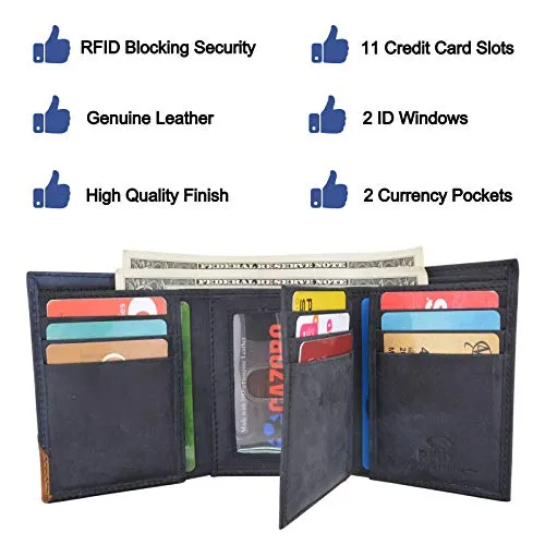 Leather Trifold RFID Blocking Wallet For Men With Flip Out ID Holder by Cazoro