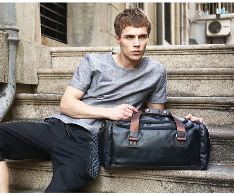 Mens PU Leather Gym Bag Sports Duffel Travel Luggage