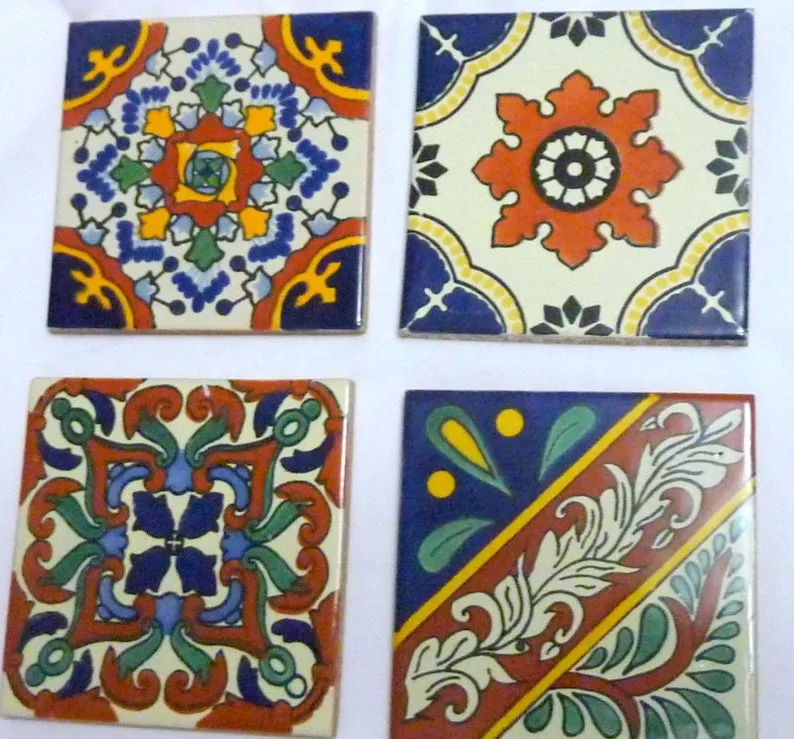 Mexican tile Coasters, Talavera tile Coasters, Set of 4 hand painted coasters