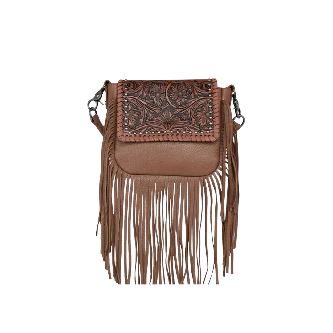Montana West Women's Leather Tooled Fringe Brown Crossbody Bag