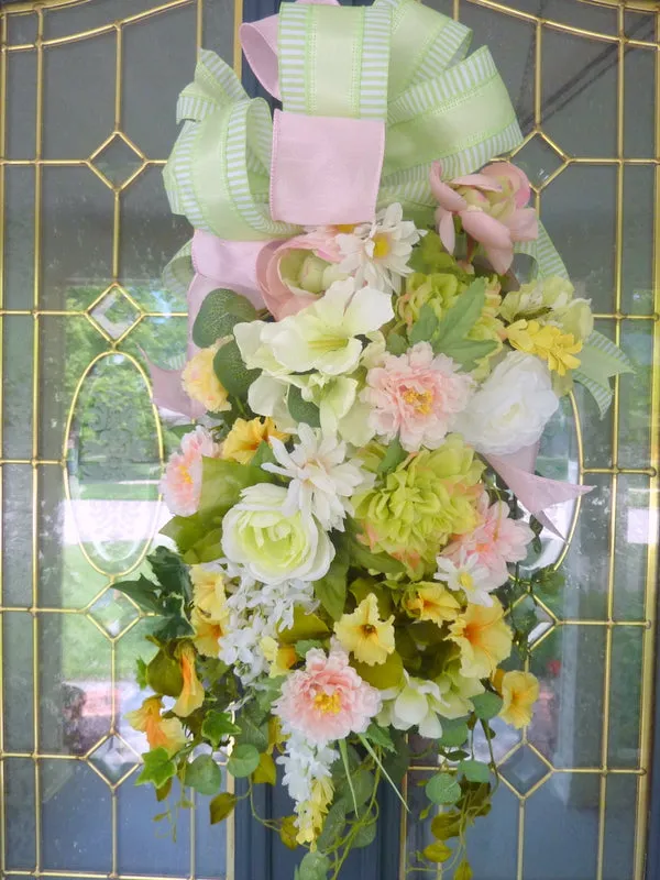 Spring door swag in Green, Pink and Yellow