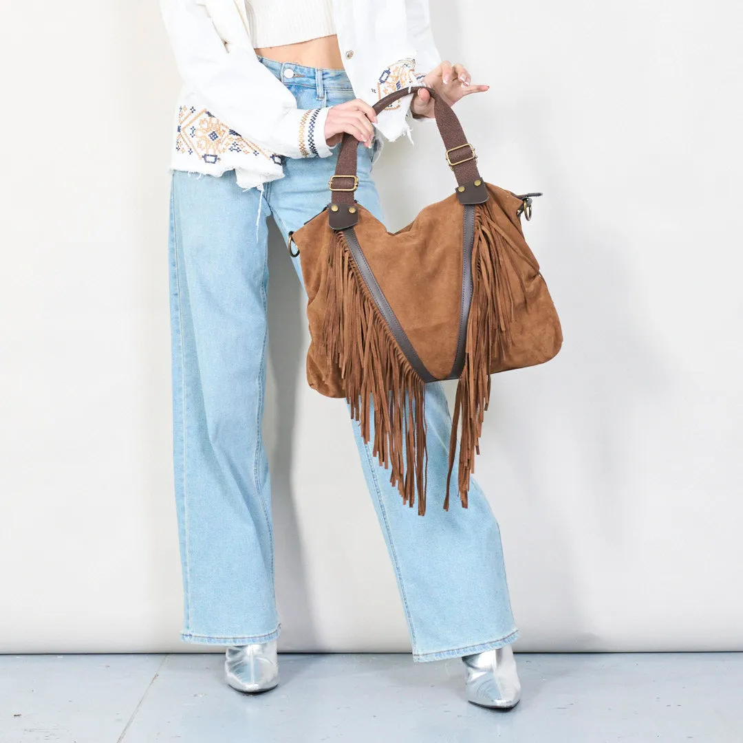 Suede fringe boho handbag with top handles wholesale
