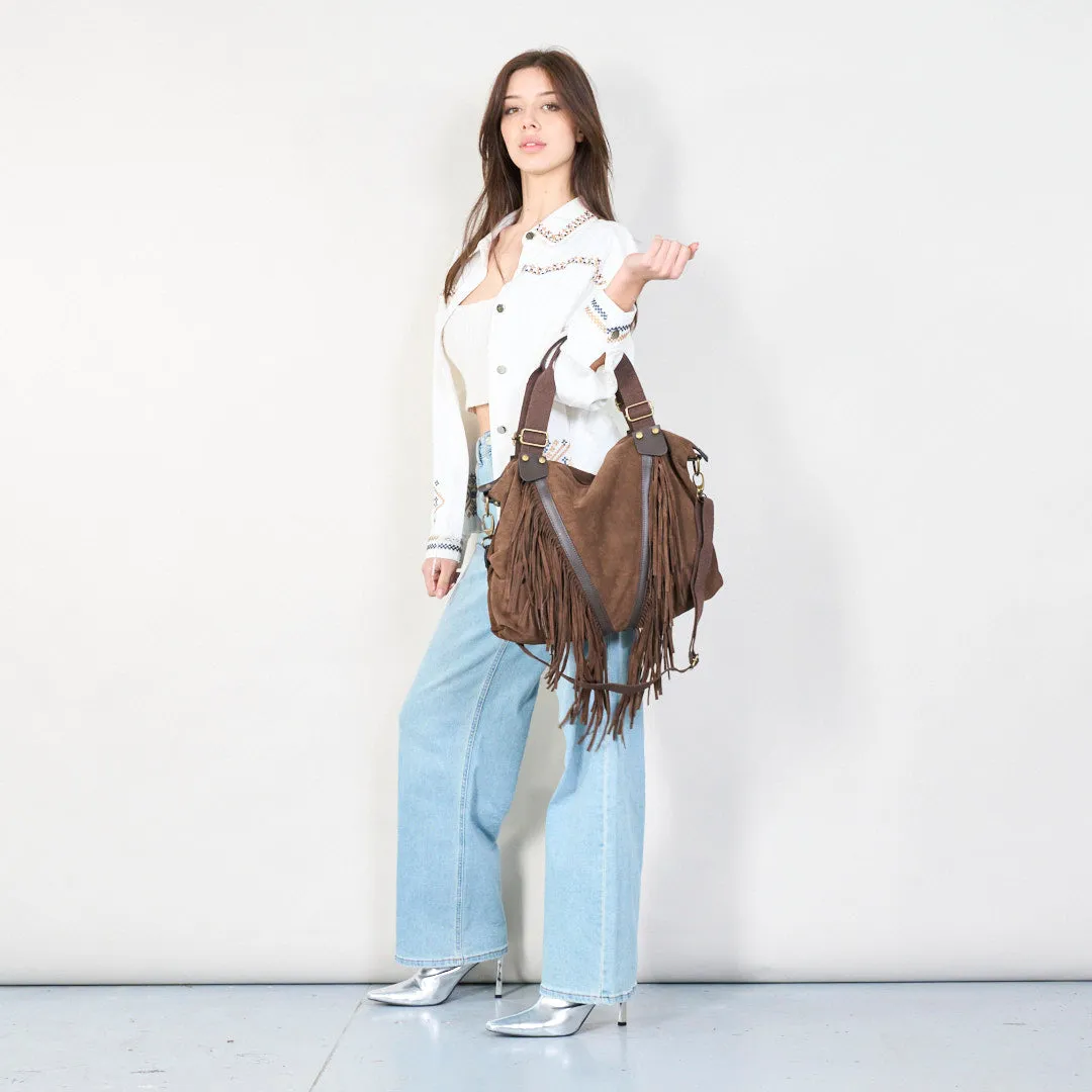 Suede fringe boho handbag with top handles wholesale