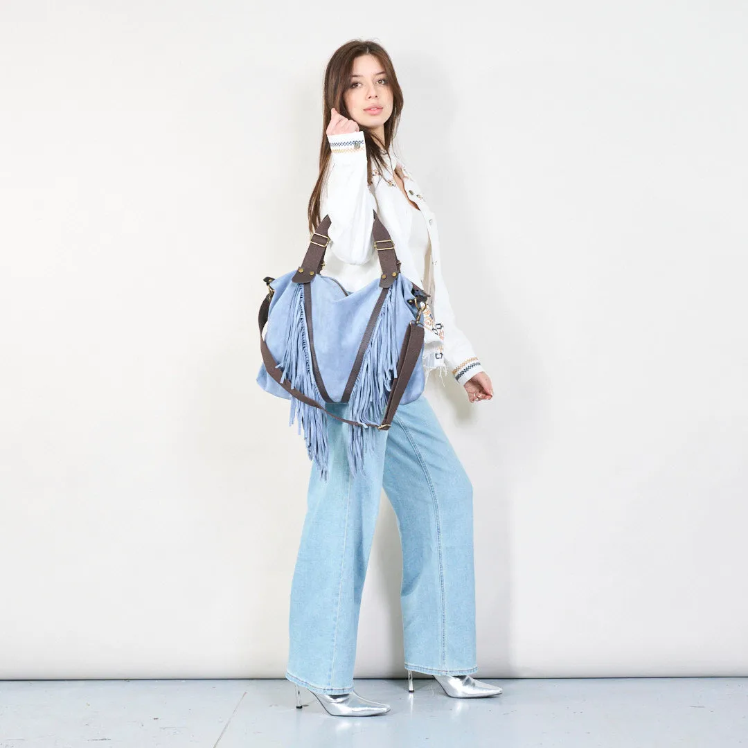 Suede fringe boho handbag with top handles wholesale