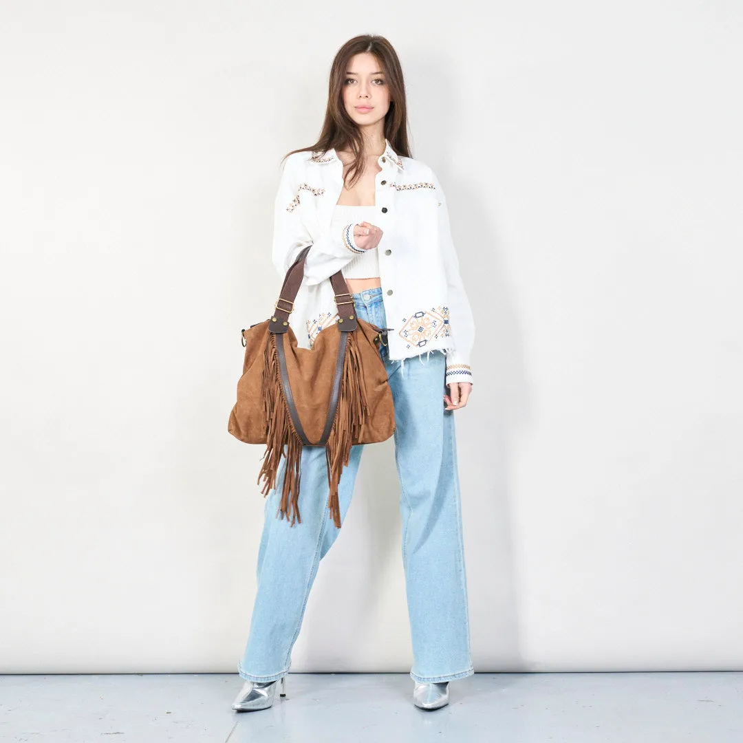 Suede fringe boho handbag with top handles wholesale