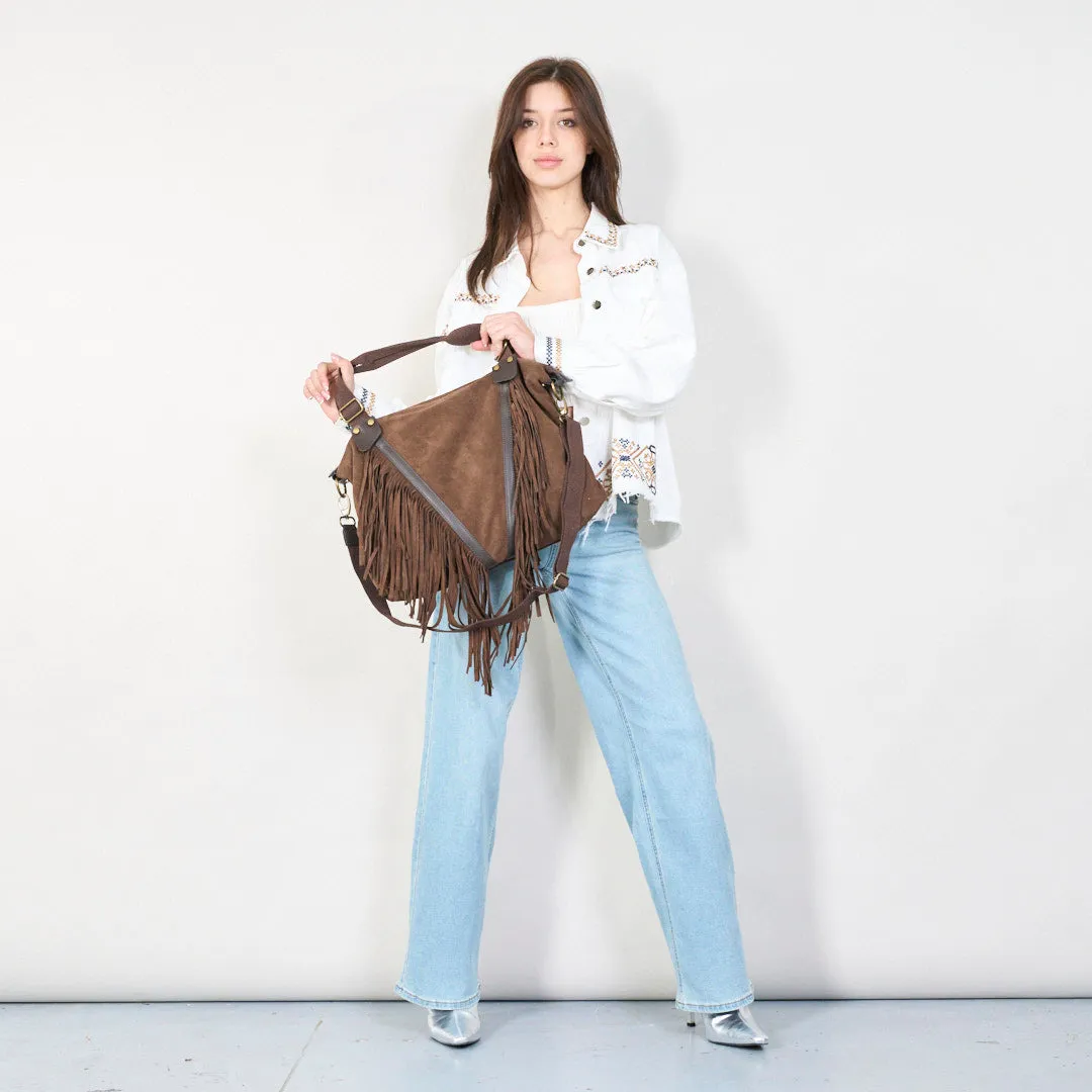Suede fringe boho handbag with top handles wholesale