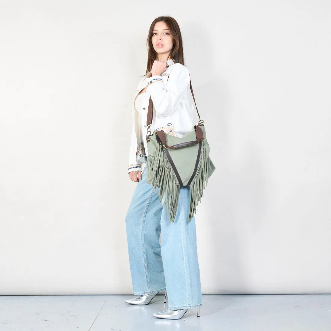 Suede fringe boho handbag with top handles wholesale