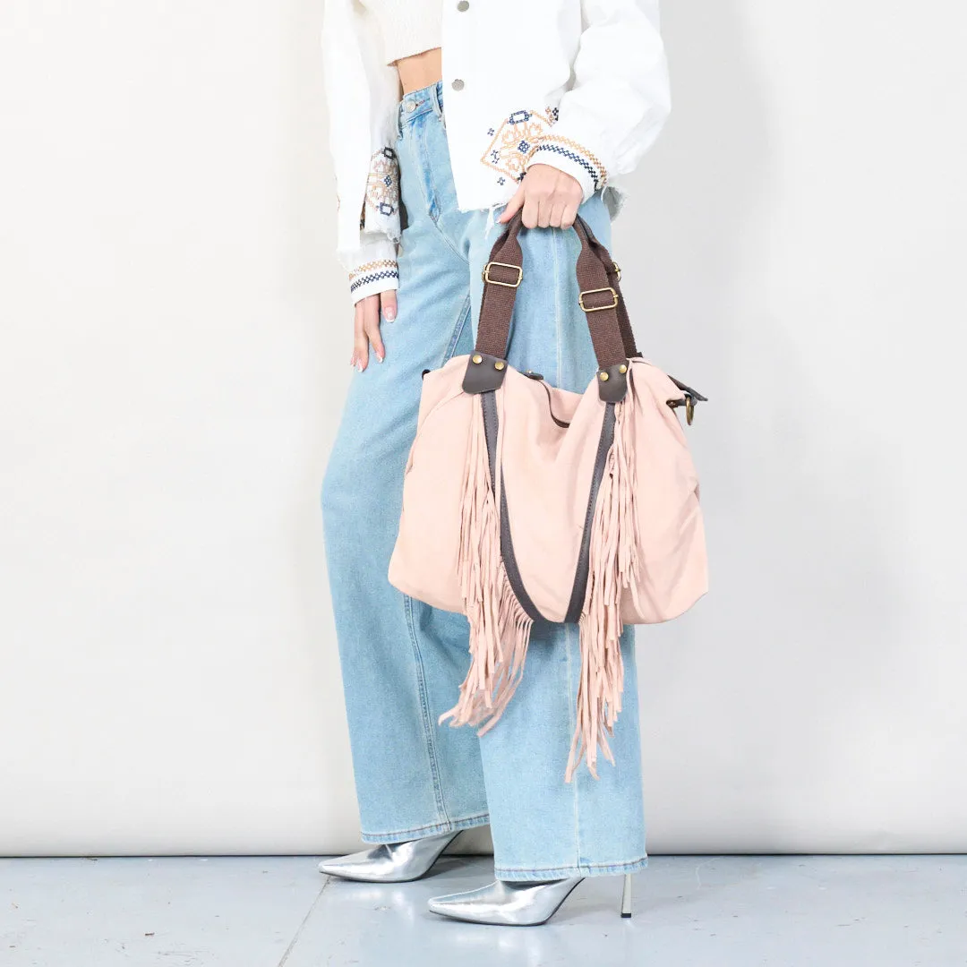 Suede fringe boho handbag with top handles wholesale