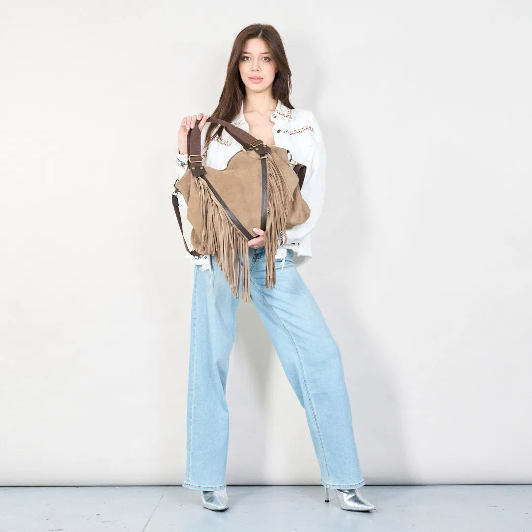 Suede fringe boho handbag with top handles wholesale