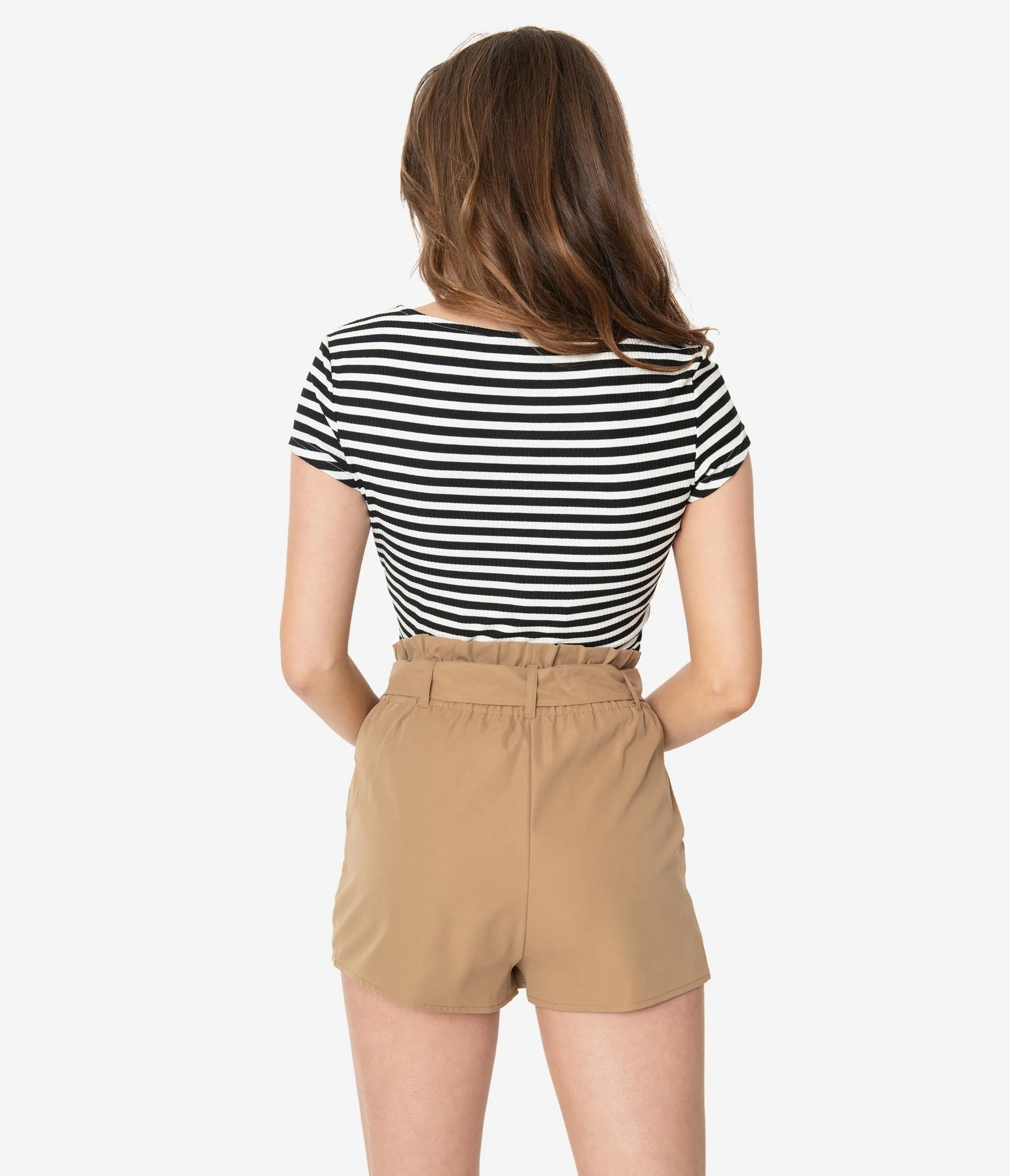 Tan Belted Paper Bag Waist Shorts