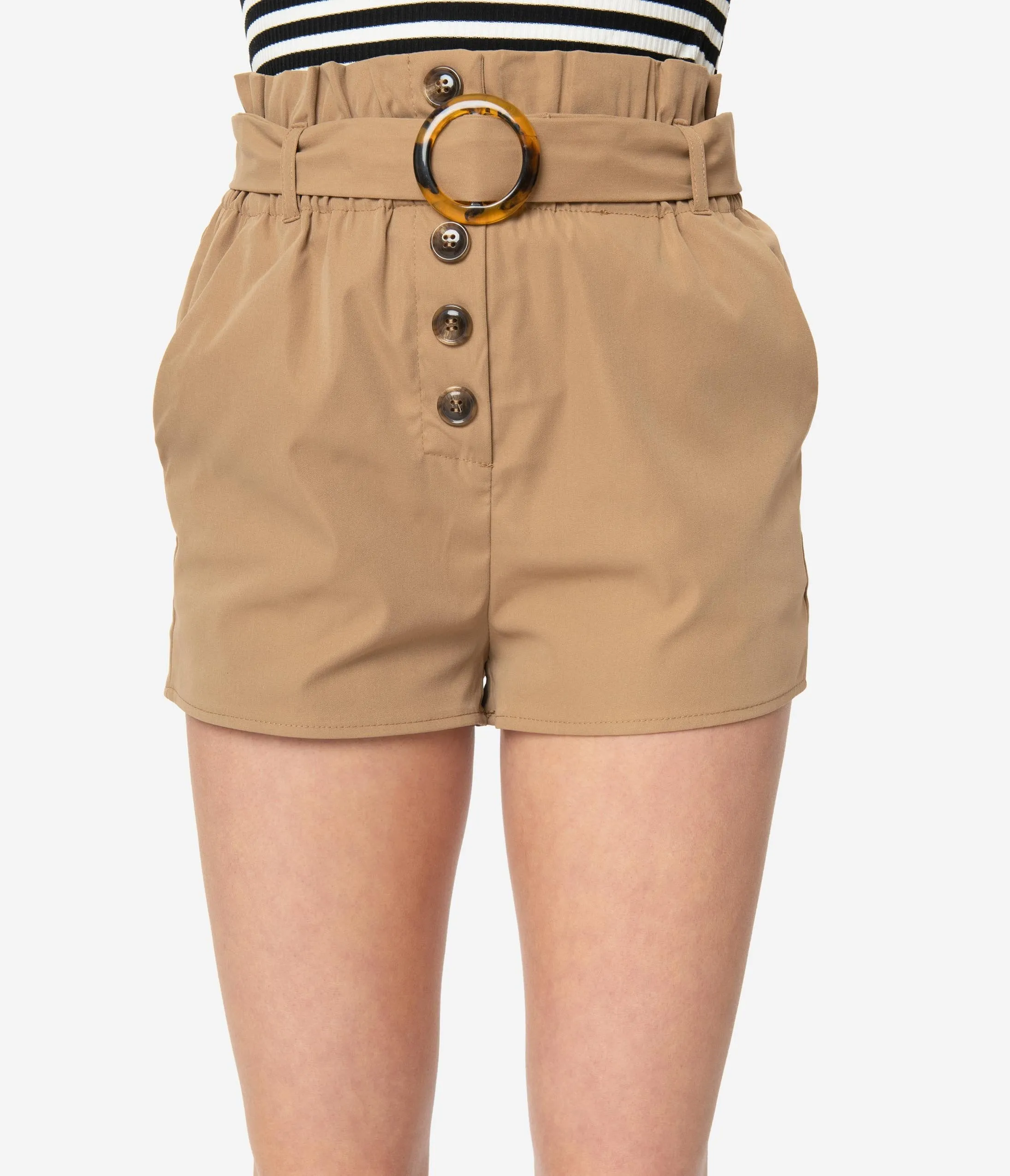 Tan Belted Paper Bag Waist Shorts
