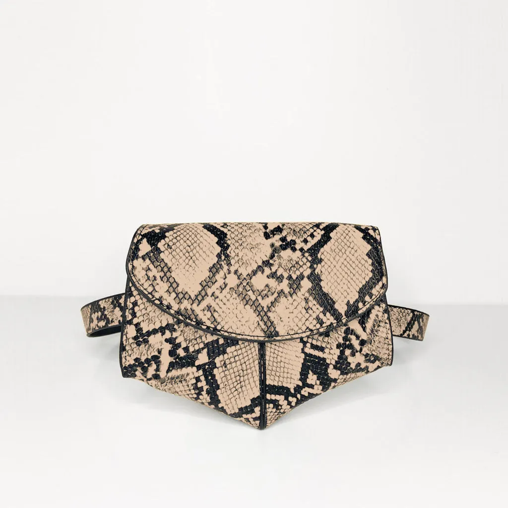 The Lottie Belt Bag in black and sand snake effect