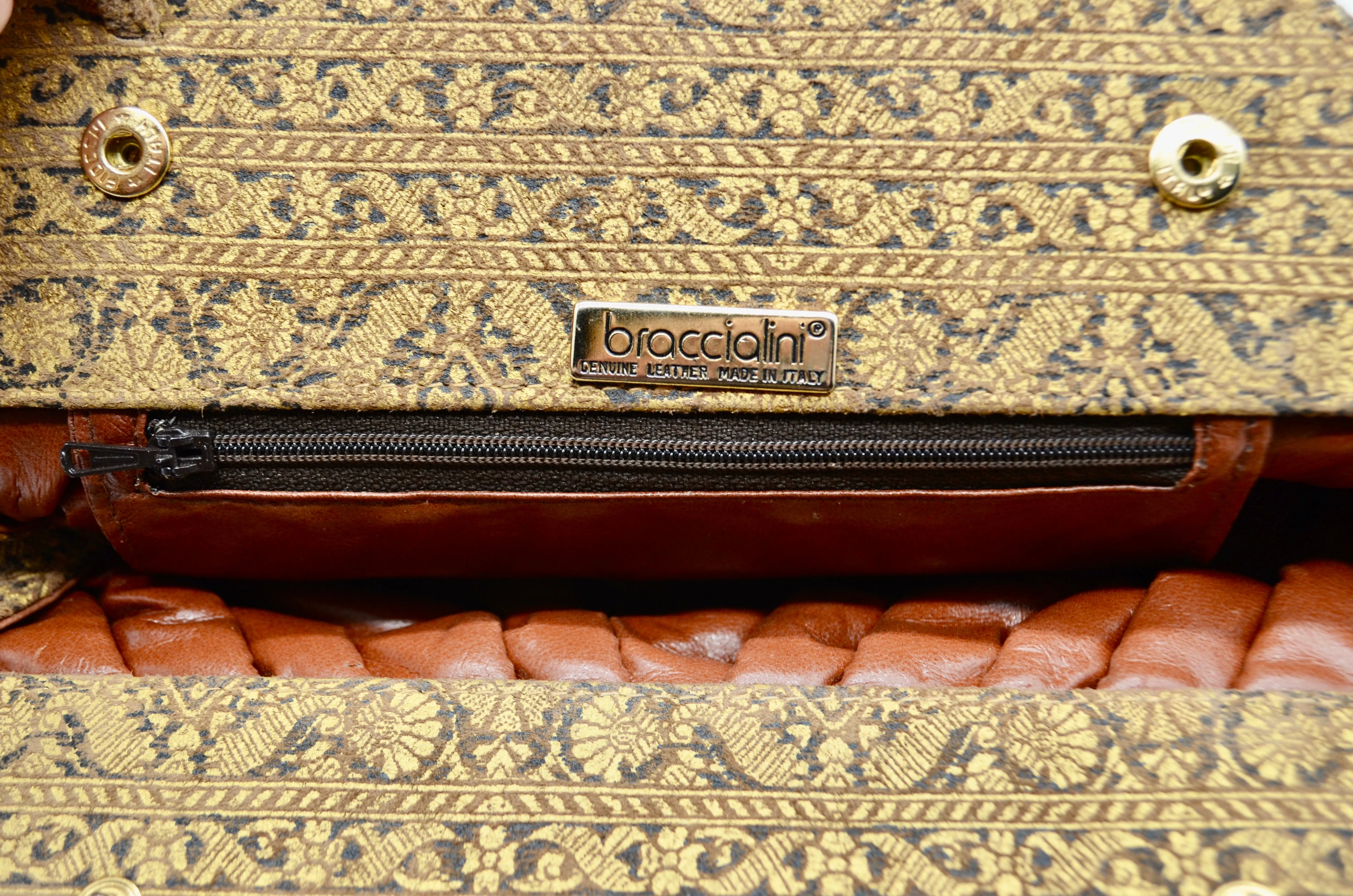 Vintage 80’s “BRACCIALINI” Upholstery Fabric Medallion Leather Shoulder Clutch Bag Made in Italy