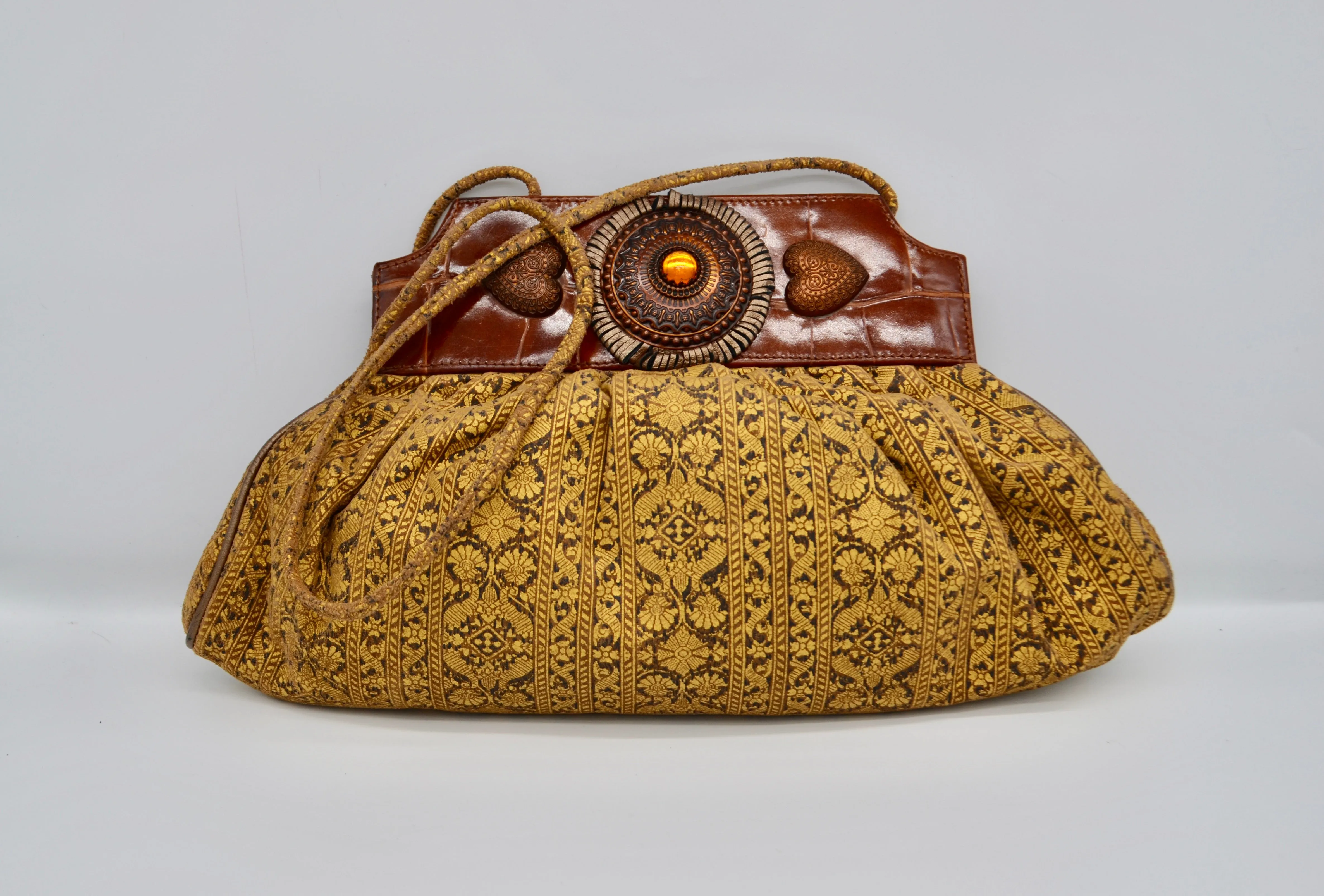 Vintage 80’s “BRACCIALINI” Upholstery Fabric Medallion Leather Shoulder Clutch Bag Made in Italy